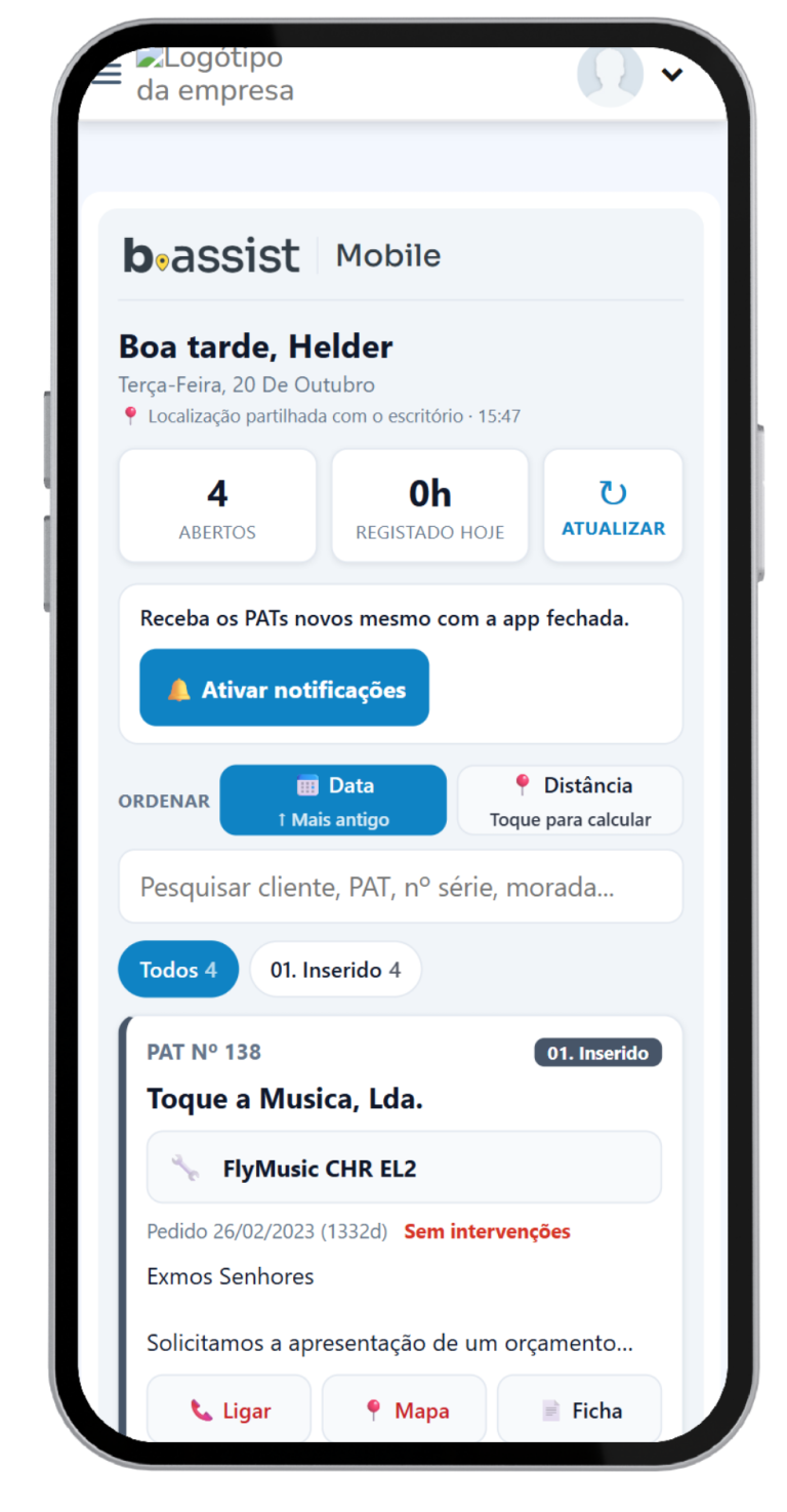 Pedidos de Assistência ordenados por data