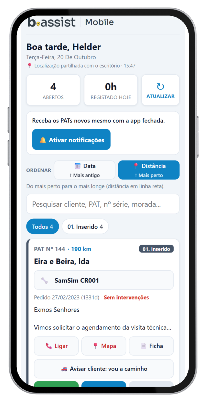Pedidos de Assistência ordenados por distância